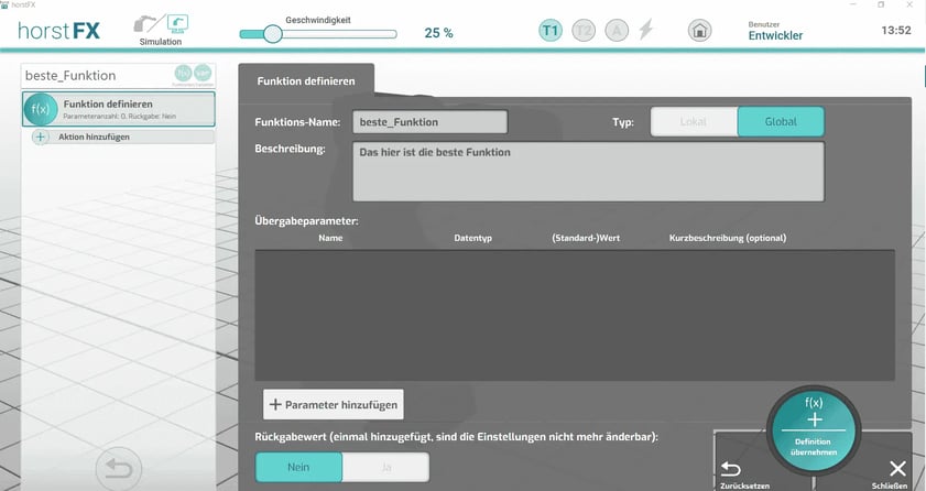 Screenshot der fruitcore robotics software horstFX