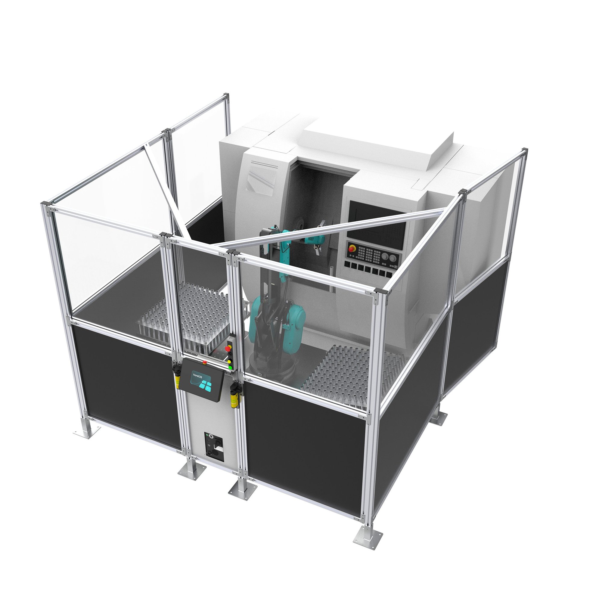 Eine automatisierte Produktionszelle mit Schutzzäunen, einem HORST1500-Roboter und einer über ein Bedienfeld gesteuerten CNC-Maschine