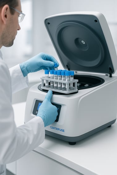 Techniker platziert ein Probenrack in eine moderne Zentrifuge im Labor.