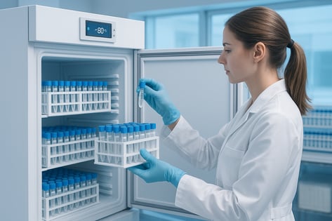 Laborantin entnimmt ein Probenröhrchen aus einem geöffneten Laborkühlschrank.