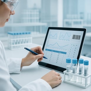 Wissenschaftler dokumentiert Versuchsdaten auf einem Tablet neben Laborproben.
