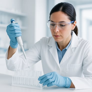 Laborantin pipettiert Flüssigkeit in Reagenzgläser in einer sauberen Laborumgebung.